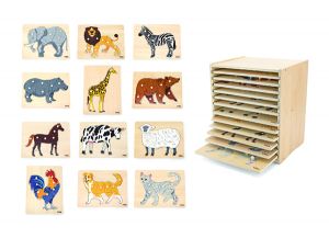 Set 12 puzzle-uri Montessori cu raft de depozitare, Viga
