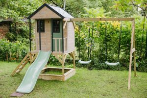 Casuta de gradina Pastel Green Adventure Cottage cu platforma, tobogan si leagan dublu (M60PGN), Wendi Toys
