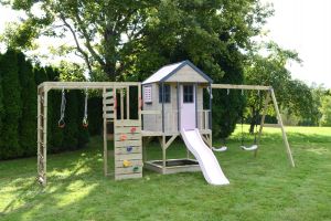 Casuta de gradina Pastel Pink Adventure Cottage cu tobogan, leagan dublu, modul sport si bucatarie (M60PP_GK), Wendi Toys