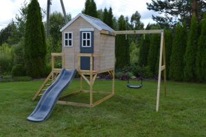 Casuta de gradina Grey Lodge cu platforma, tobogan si leagan (M24G), Wendi Toys