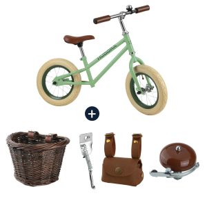 Bicicleta de echilibru retro verde cu cos, geanta si claxon vintage, Hudora