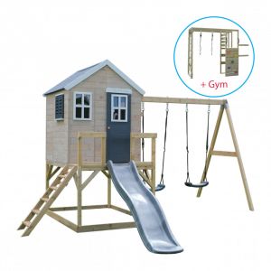 Casuta de gradina Grey Lodge cu tobogan, leagan dublu, modul sport (M28G_G), Wendi Toys