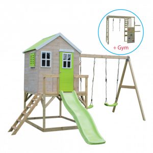 Casuta de gradina Lime Lodge cu tobogan, leagan dublu, modul sport (M28L_G), Wendi Toys