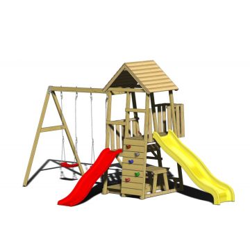 Turn de joaca cu 2 platforme, panou de catarare, 2 tobogane, 2 leagane, masuta de picnic cu bancute si lada de nisip (J101), Wendi Toys