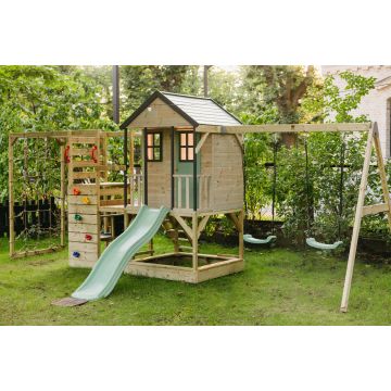 Casuta de gradina Pastel Green Adventure Cottage cu platforma, tobogan, leagan dublu si modul sport (M60PGN_G), Wendi Toys