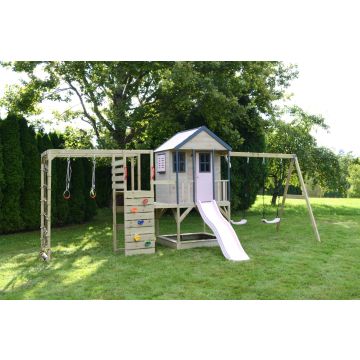 Casuta de gradina Pastel Pink Adventure Cottage cu tobogan, leagan dublu, modul sport si bucatarie (M60PP_GK), Wendi Toys
