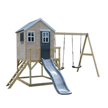 Casuta de gradina Grey Lodge cu platforma, tobogan si leagan dublu (M28G), Wendi Toys