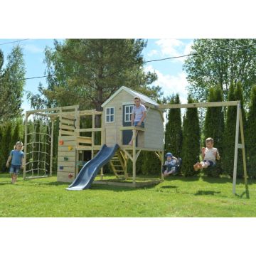 Casuta de gradina Grey Lodge cu tobogan, leagan dublu, modul sport si bucatarie (M28G_GK), Wendi Toys