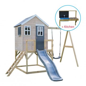 Casuta de gradina Grey Lodge cu tobogan, leagan si bucatarie (M24G_K), Wendi Toys