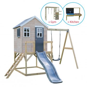Casuta de gradina Grey Lodge cu tobogan, leagan, modul sport si bucatarie (M24G_GK), Wendi Toys