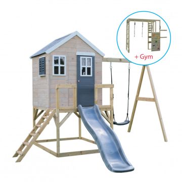 Casuta de gradina Grey Lodge cu tobogan, leagan, modul sport (M24G_G), Wendi Toys