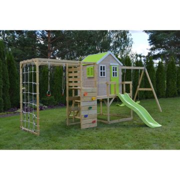 Casuta de gradina Lime Lodge cu tobogan, leagan dublu, modul sport si bucatarie (M28L_GK), Wendi Toys