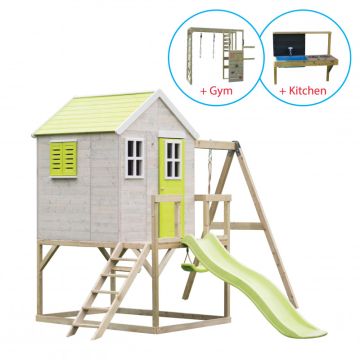 Casuta de gradina Lime Lodge cu tobogan, leagan, modul sport si bucatarie (M24L_GK), Wendi Toys