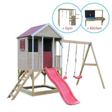 Casuta Summer Adventure House cu loc pentru nisip, tobogan, leagan dublu, modul sport, bucatarie (M29R_GK), Wendi Toys