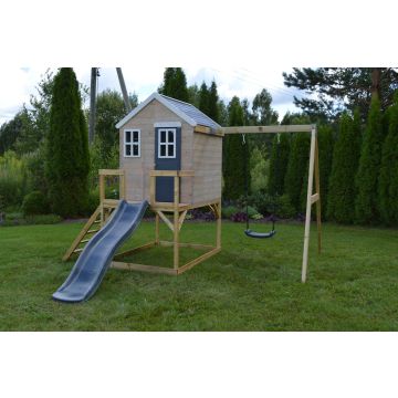 Casuta de gradina Grey Lodge cu platforma, tobogan si leagan (M24G), Wendi Toys