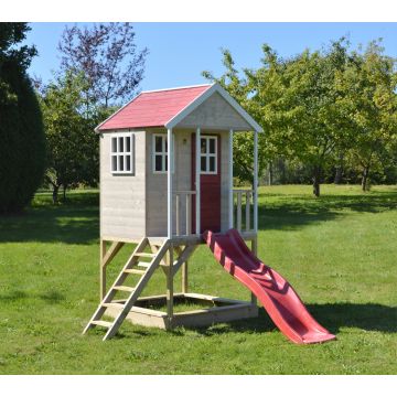 Casuta de gradina Nordic Adventure House cu platforma cu loc pentru nisip si tobogan (M8), Wendi Toys