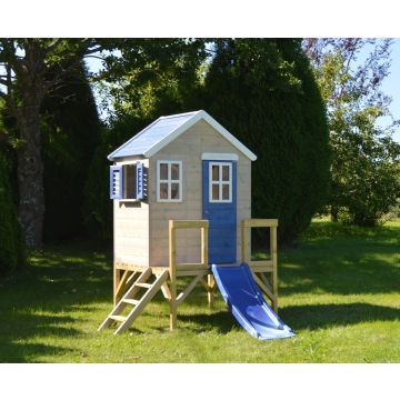 Casuta de gradina My Blue Cottage House cu platforma si tobogan (M26B), Wendi Toys