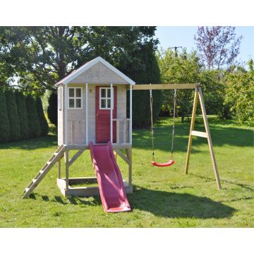Casuta de gradina Nordic Adventure House cu platforma cu loc pentru nisip, tobogan si leagan (M10), Wendi Toys