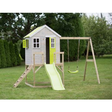 Casuta de gradina Lime Lodge cu platforma, tobogan si leagan (M24L), Wendi Toys