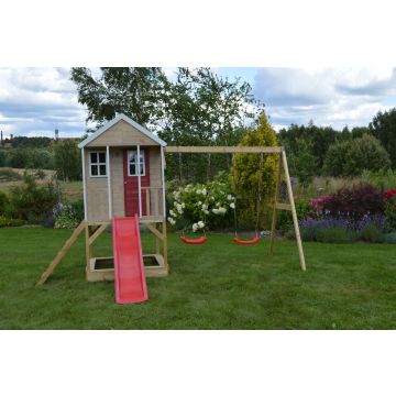 Casuta de gradina Nordic Adventure House cu platforma cu loc pentru nisip, tobogan si leagan dublu (M30R), Wendi Toys