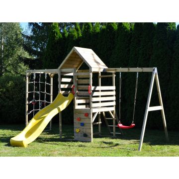 Turn de joaca cu 2 platforme, panou de catarare, tobogan, leagan si modul de gimnastica (M41), Wendi Toys