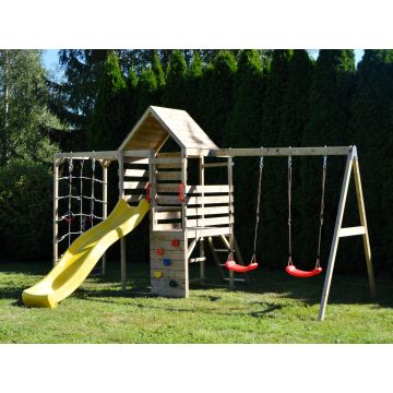 Turn de joaca cu 2 platforme, panou de catarare, tobogan, leagan dublu si modul de gimnastica (M42), Wendi Toys