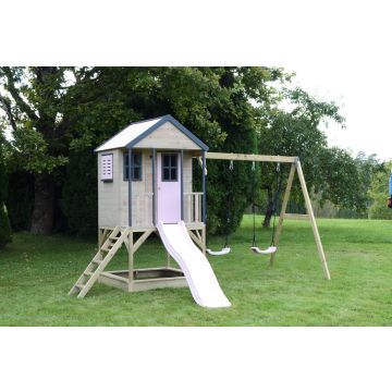 Casuta de gradina Pastel Pink Adventure Cottage cu platforma, tobogan si leagan dublu (M60PP), Wendi Toys