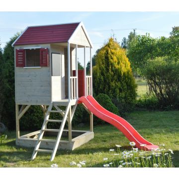 Casuta de gradina Summer Adventure House cu platforma cu loc pentru nisip si tobogan (M7), Wendi Toys