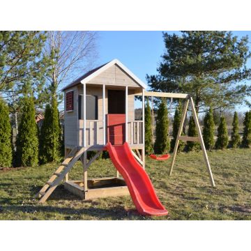 Casuta de gradina Summer Adventure House cu platforma cu loc pentru nisip, tobogan si leagan (M9), Wendi Toys