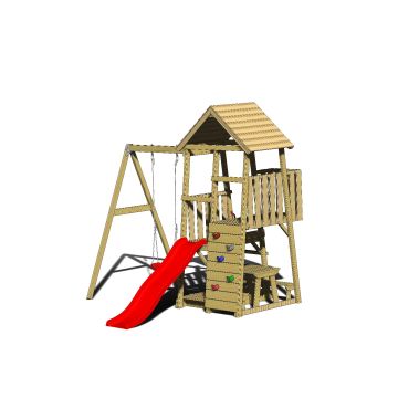 Turn de joaca cu 2 platforme, panou de catarare, tobogan, leagan, masuta de picnic cu bancute si lada de nisip (J8), Wendi Toys