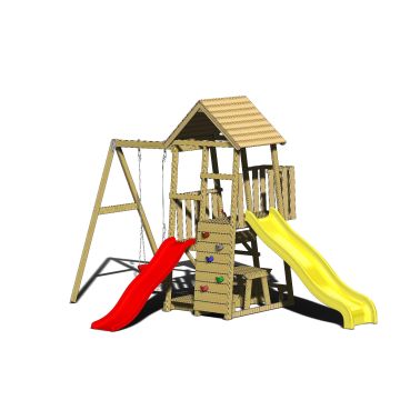 Turn de joaca cu 2 platforme, panou de catarare, 2 tobogane, leagan, masuta de picnic cu bancute si lada de nisip (J81), Wendi Toys