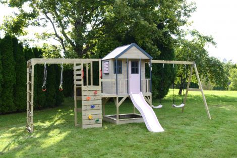 Casuta de gradina Pastel Pink Adventure Cottage cu tobogan, leagan dublu, modul sport si bucatarie (M60PP_GK), Wendi Toys