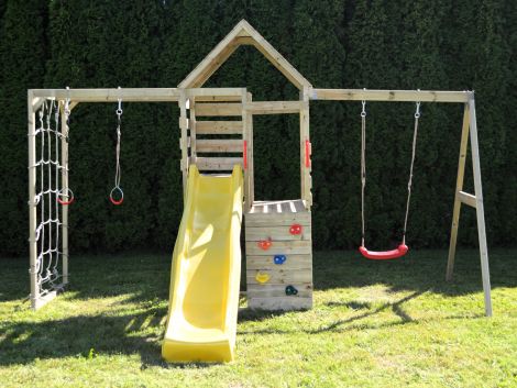 Turn de joaca cu 2 platforme, panou de catarare, tobogan, leagan si modul de gimnastica (M41), Wendi Toys